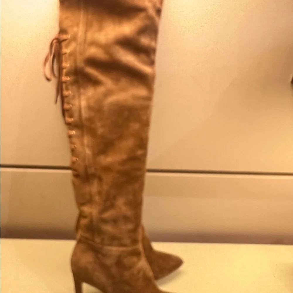 NWT Pura Lopez Brown Over-the-Knee Boots with Suede Finish